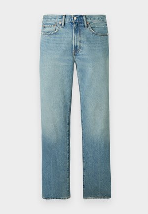 Lichtblauwe denim jeans met een rechte pasvorm, zichtbare stiksels en een vervaagd patroon. Voorzien van een knoopsluiting en vijf zakken.