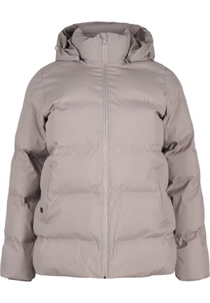 Chaqueta acolchada de color gris claro con cremallera en el frontal, capucha y diseño acolchado. Cuenta con dos bolsillos laterales y una textura suave y ligera.