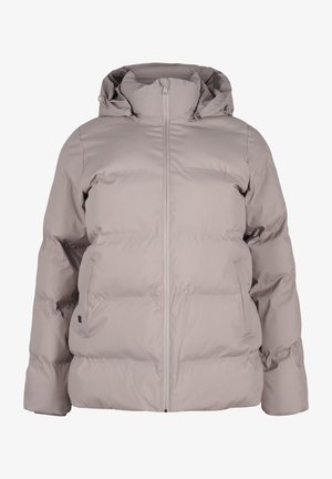 Giacca puffer grigia chiara con zip frontale, cappuccio e design trapuntato. Presenta due tasche laterali e una texture liscia e leggera.