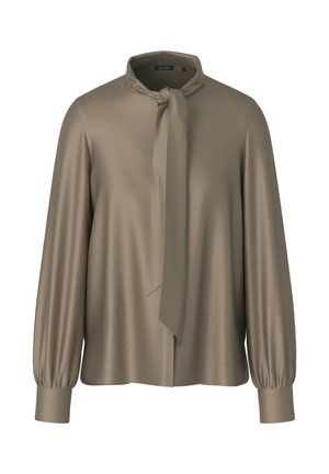 Taupe Langarmbluse mit gerafften Manschetten und einer selbstbindenden Halstuch-Detail, gefertigt aus glattem, seidig-weichem Stoff.