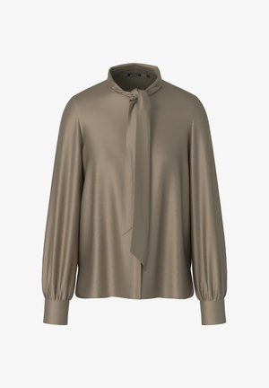 Taupe long-sleeve blouse with gathered cuffs and a self-tie neck scarf detail, made of smooth, silky fabric.