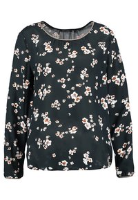 Blouse florale en vert foncé, ornée de fleurs blanches et couleur rouille. Manches longues, col rond, fabriquée dans un tissu léger et doux.