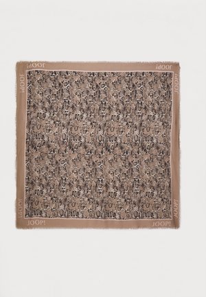 Square scarf in a snake print pattern, features a fringed edge and a solid beige border with the brand name "JOOP!" in light lettering.