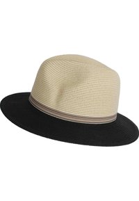 Bredbrättad hatt med en beige ovansida och svart underdel. Har en strukturerad vävd design med ett flerfärgat band runt kronan.
