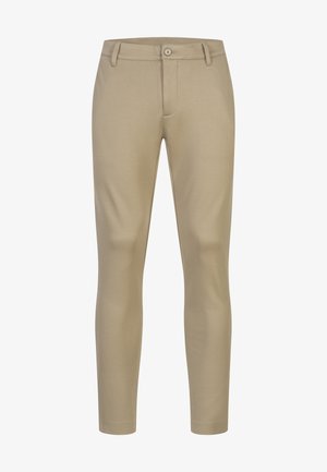 Beige skræddersyede bukser med en glat tekstur, slank pasform og knaplukning i taljen. Har klassiske lommer og et rent design.