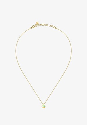 Collana in oro con pendente a gemma verde rotonda. La catena ha una texture fine e delicata e un clasp a moschettone per la chiusura.