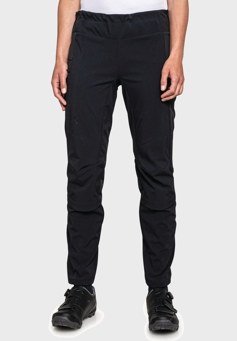 Schwarze, leichte Outdoor-Hosen mit schmaler Passform, elastischem Bund, Cargo-Taschen und verstärkten Kniebereichen. Strapazierfähige Stofftextur.