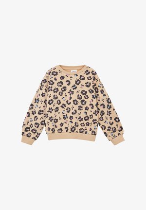 Beige Sweatshirt mit einem Allover-Leopardenmuster in Schwarz und Rosa, langen Ärmeln, rundem Ausschnitt sowie gerippten Bündchen und Saum.