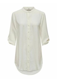 Lichtcrème lange mouwen shirt met een mandarin kraag, knoopsluiting aan de voorkant en een gestructureerde stof. Heeft oprolbare mouwen en een gebogen zoom.