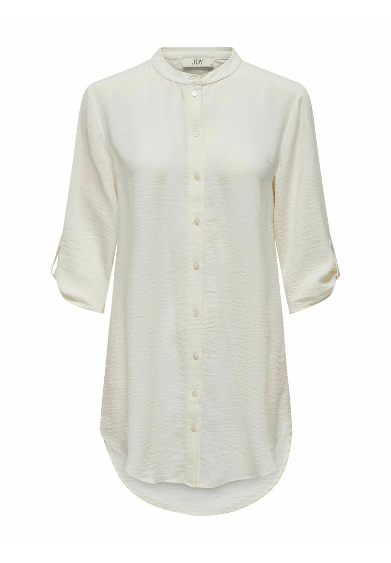 Lichtcrème lange mouwen shirt met een mandarin kraag, knoopsluiting aan de voorkant en een gestructureerde stof. Heeft oprolbare mouwen en een gebogen zoom.