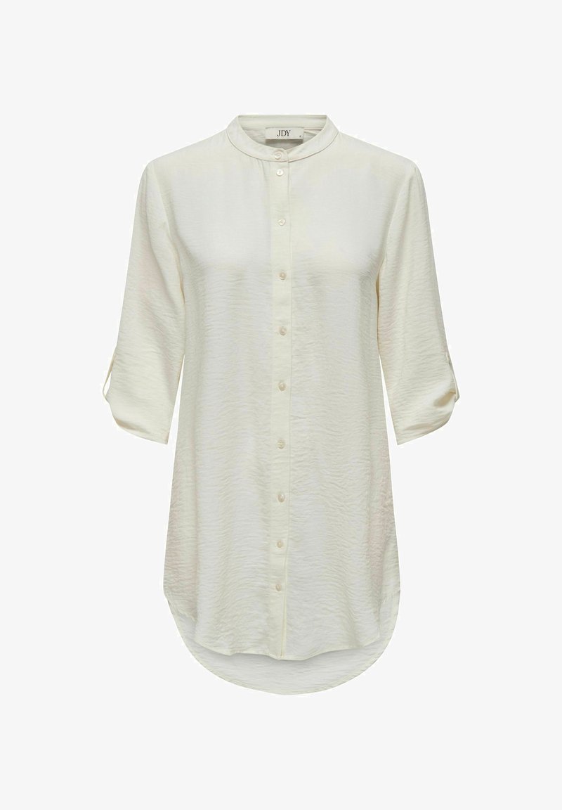Lichtcrème lange mouwen shirt met een mandarin kraag, knoopsluiting aan de voorkant en een gestructureerde stof. Heeft oprolbare mouwen en een gebogen zoom.