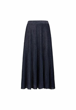 Jupe longue plissée en bleu marine foncé avec des fils métalliques. Présente une taille texturée, un tissu fluide et un design midi.