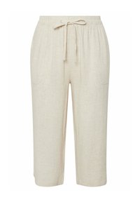 Ljust beige, knä-lång byxor i ett texturerat tyg, med resårmidja och snörning samt två sidofickor.