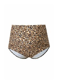 Culottes taille haute avec motif léopard, dotés d'une texture lisse, présentant une bordure noire le long des ouvertures de jambe et une doublure de couleur claire.