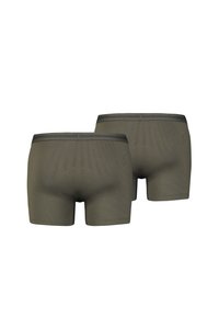 Olíva zöld boxer alsónadrág, sima textúrával, elasztikus derékpánttal, sötét szürke akcentussal és fitted kialakítással. Két darab látható.