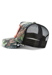 Camo baseball cap with mesh back, curved visor, and an orange accent patch. Predominantly green, brown, and black color scheme with logo tag.