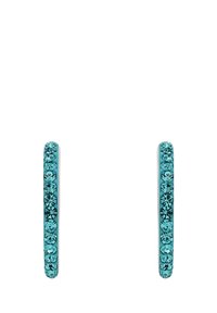 Pendientes de aro turquesa con múltiples cristales redondos engastados en un elegante marco metálico, que presentan una superficie lisa y un diseño uniforme.