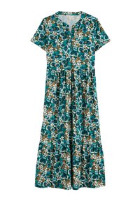 Floral dress with short sleeves, teal background, white and brown flowers, buttoned neckline, and gathered skirt. Made of flexible fabric.