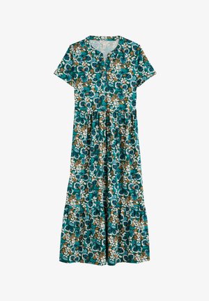 Vestido floral con mangas cortas, fondo color azul verdoso, flores blancas y marrones, escote abotonado y falda con volantes. Hecho de una tela flexible.