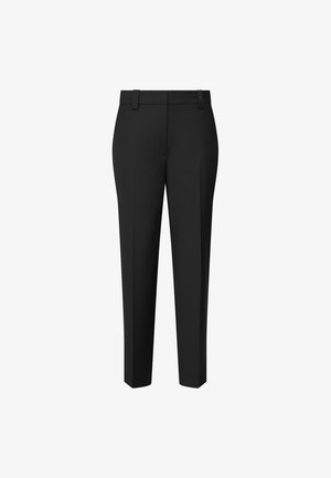 Black tailored trousers with belt loops, front pleats, and a straight-leg cut, displayed against a white background.