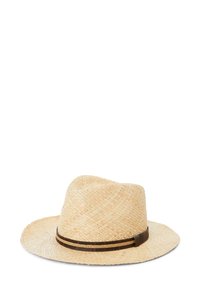 Straw fedora hat, light beige, with a flexible, woven texture. Features a brown band around the base with metallic accents.