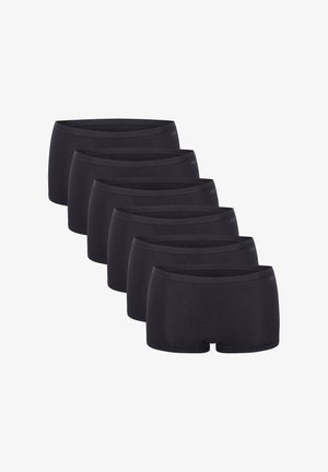 Shorts en coton noirs, avec une taille élastique lisse, de longueur mi-cuisse, et six pièces identiques soigneusement disposées.