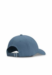 Blue baseball cap made of cotton, featuring a curved brim, adjustable metal strap, and six ventilation eyelets on the crown.