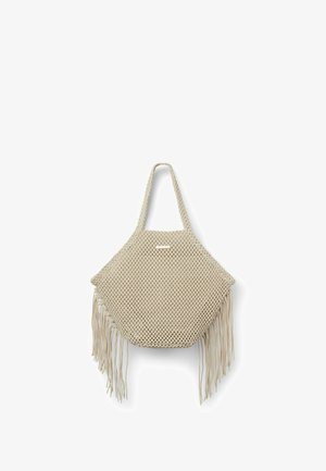 Sac cabas en filet tissé beige avec des détails en franges sur les côtés et une seule anse.