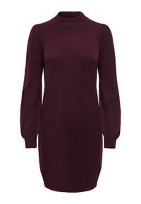 Abito a maglia borgogna con collo alto, maniche lunghe a sbuffo e polsini a costine, caratterizzato da una consistenza morbida e una vestibilità comoda.
