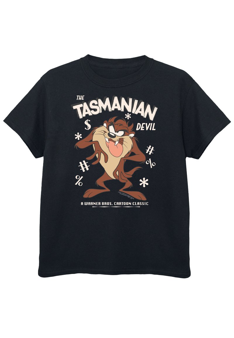 Juodas medvilninis marškinėliai su animaciniu Tasmanijos demonų piešiniu, stilingu tekstu ir įvairiais simboliais, centruotais priekyje.