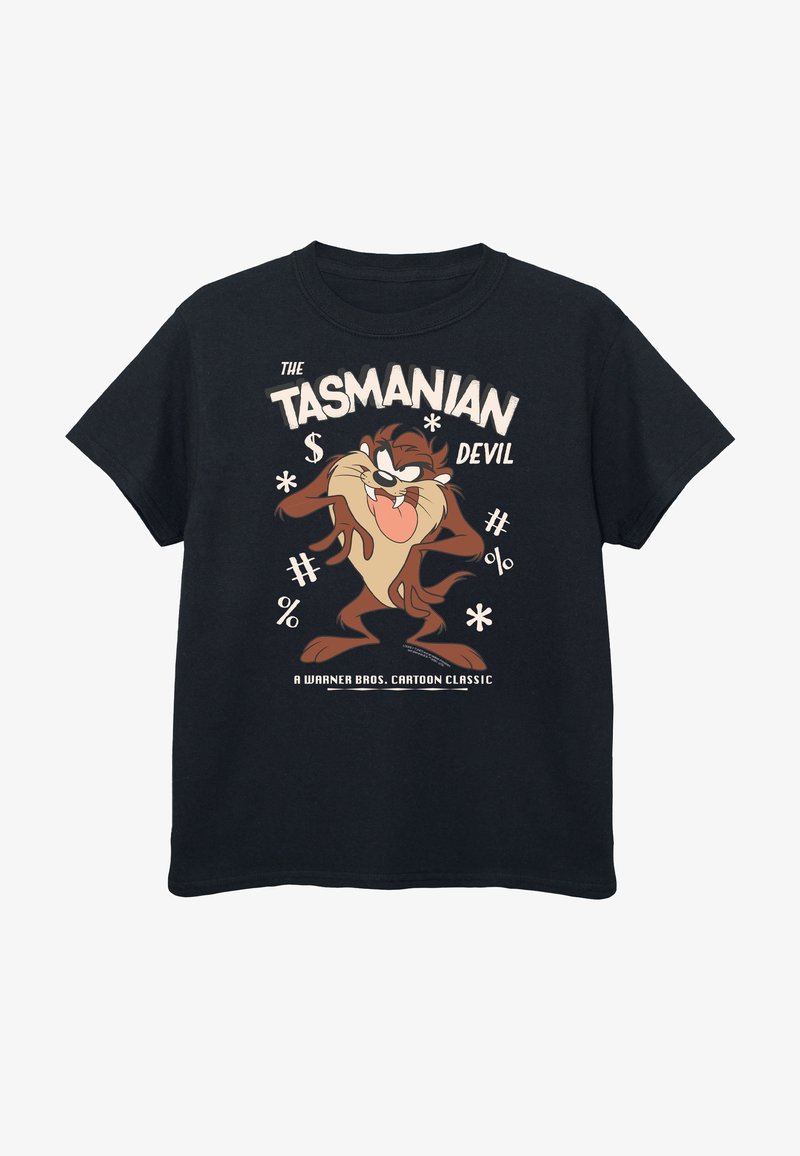 Juodas medvilninis marškinėliai su animaciniu Tasmanijos demonų piešiniu, stilingu tekstu ir įvairiais simboliais, centruotais priekyje.