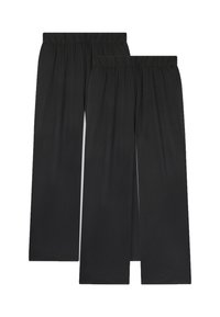 Pantaloni neri a gamba larga con vita elasticizzata, realizzati in un tessuto liscio, caratterizzati da un design semplice e senza motivi o accenti visibili.