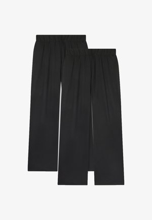 Pantaloni neri a gamba larga con vita elasticizzata, realizzati in un tessuto liscio, caratterizzati da un design semplice e senza motivi o accenti visibili.