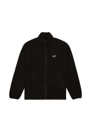 Black fleece jacket with zip closure, high collar, and side pockets. Features a textured surface and a small logo on the chest.
