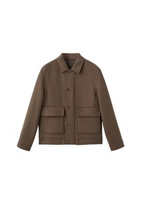 Giacca in misto lana marrone con colletto, chiusura frontale a bottoni e due grandi tasche. Presenta una silhouette squadrata e maniche sartoriali.