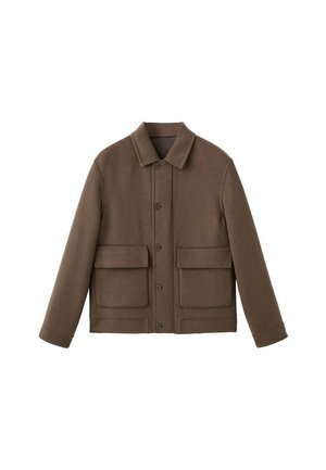 Giacca in misto lana marrone con colletto, chiusura frontale a bottoni e due grandi tasche. Presenta una silhouette squadrata e maniche sartoriali.