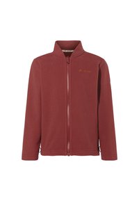 Veste en polaire rouge avec un col montant et zip sur toute la longueur. Présente un petit logo sur la poitrine, des manches longues et une texture lisse.