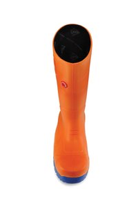 Orange waterproof rubber boot with a rounded toe, black interior lining, and blue outsole. Smooth texture, minimal design details.