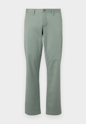 Green cotton trousers with a straight leg design, featuring a button closure and belt loops. Smooth texture, no visible patterns or accents.