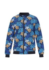 Blauwe ritsjack met geribde kraag en manchet, met een koraalrifpatroon in tinten oranje, wit en blauw op een donkerblauwe achtergrond.