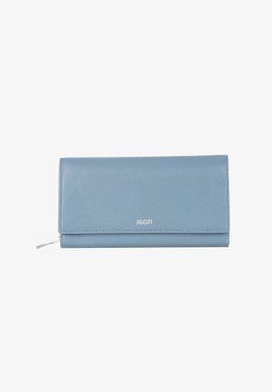 Light blue leather wallet with a textured finish, featuring a silver logo on the front and a zippered compartment. Rectangular shape.
