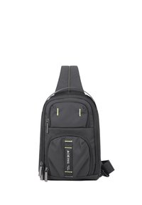 Borsa a tracolla nera con una finitura testurizzata, che presenta molteplici tasche con zip, una cinghia frontale e accenti riflettenti gialli.