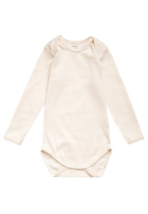 Langärmliger Baby-Body aus weicher, cremefarbener Baumwolle mit Druckknöpfen an der Schulter und am Boden für einfaches Ankleiden.