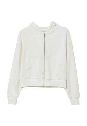 Weiße, kurz geschnittene Zip-Hoodie aus weichem Material, mit einer geräumigen Kapuze, seitlichen Taschen und gerippten Bündchen. Glatte Textur ohne Muster.