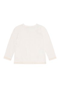 Langärmliges, schlichtes weißes Kinderhemd mit Rundhalsausschnitt, von hinten vor einem weißen Hintergrund präsentiert.