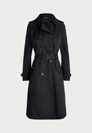 Cappotto trench navy in tessuto morbido, con bottoni doppi, vita con cintura, spalline e tasche applicate.