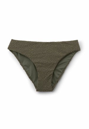 Texturiertes olivgrünes Bikinihöschen mit hochgeschnittenem Bein und glattem Innenfutter, dargestellt auf weißem Hintergrund.