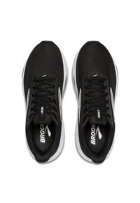 Schwarze Laufschuhe mit einem atmungsaktiven Mesh-Obermaterial, weißen Akzenten, flachen Schnürsenkeln und einer gepolsterten Sohle. "Brooks Ghost 17"-Branding sichtbar.