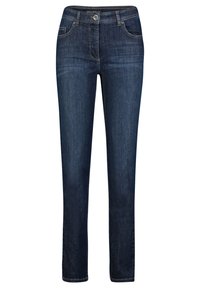 Mörkblå denimjeans med rak benavskärning, som har knappstängning, bältesöglor och två framfickor. Slät yta, minimal blekning.