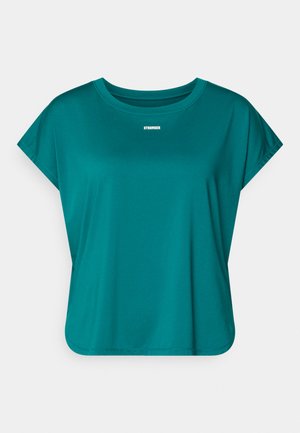 Teal short-sleeved T-shirt made of smooth fabric with a rounded neckline. Features the word "STRONGER" in white across the chest.